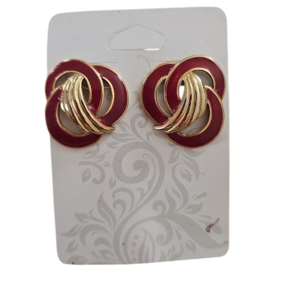 Vintage Red Enamel Swirl Earrings Gold Tone Retro Glam Knot Statement Studs
